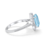 Halo Emerald Cut Engagement Ring Simulated Aquamarine CZ 925 Sterling Silver