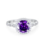 Halo Wedding Ring Round Simulated Amethyst CZ 925 Sterling Silver