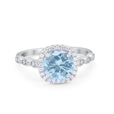 Halo Wedding Ring Round Simulated Aquamarine CZ 925 Sterling Silver