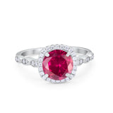 Halo Wedding Ring Round Simulated Ruby CZ 925 Sterling Silver