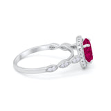 Halo Wedding Ring Round Simulated Ruby CZ 925 Sterling Silver