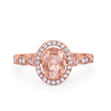 Art Deco Wedding Halo Ring Oval Rose Tone, Simulated Morganite CZ 925 Sterling Silver