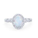 Art Deco Wedding Halo Ring Oval Lab Created White Opal 925 Sterling Silver