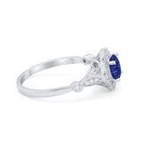 Halo Vintage Style Engagement Ring Simulated Blue Sapphire CZ 925 Sterling Silver