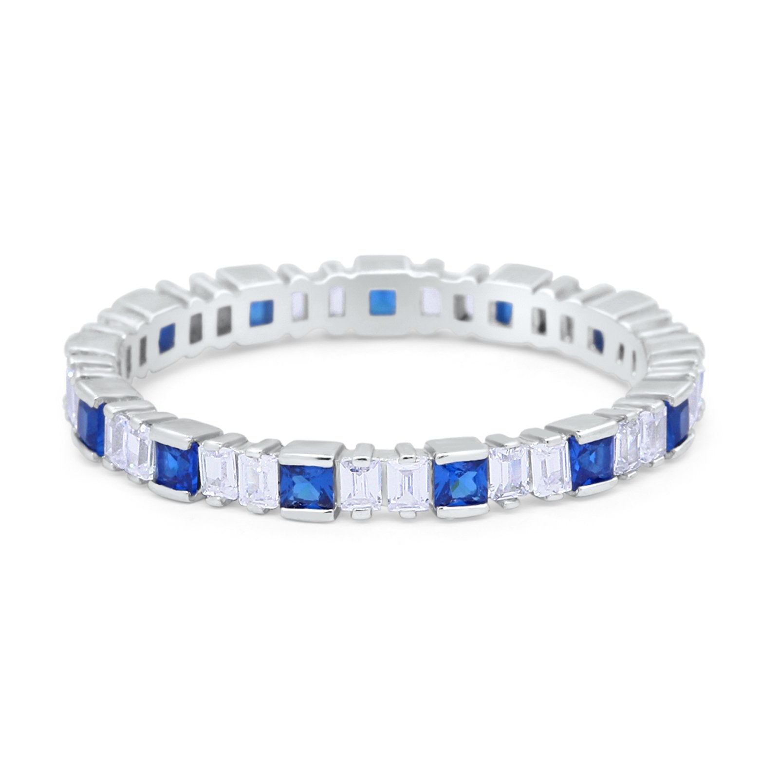 Baguette Princess Full Eternity Wedding Band Ring Simulated Blue Sapphire CZ 925 Sterling Silver