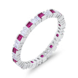 Baguette Princess Full Eternity Wedding Band Ring Round Simulated  Ruby CZ 925 Sterling Silver