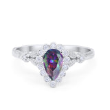 Teardrop Engagement Ring Simulated Rainbow CZ 925 Sterling Silver