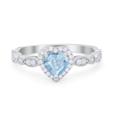Art Deco Heart Promise Wedding Ring Simulated Aquamarine CZ 925 Sterling Silver