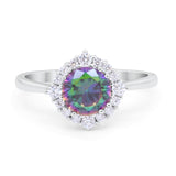 Floral Art Deco Engagement Bridal Ring Round Simulated Rainbow CZ 925 Sterling Silver