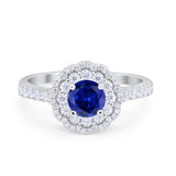 Art Deco Halo Wedding Ring Simulated Blue Sapphire CZ Accent 925 Sterling Silver