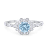 Art Deco Floral Style Engagemnet Ring Round Simulated Aquamarine CZ 925 Sterling Silver