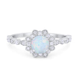 Art Deco Floral Style Engagemnet Ring Round Lab Created White Opal 925 Sterling Silver