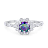 Art Deco Floral Style Engagemnet Ring Round Simulated Rainbow CZ 925 Sterling Silver