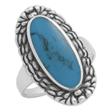 Long Ring Oval Simulated Blue Turquoise 925 Sterling Silver