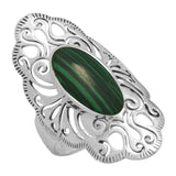 Ring Filigree Oval Simulated Green Malachite CZ 925 Sterling Silver