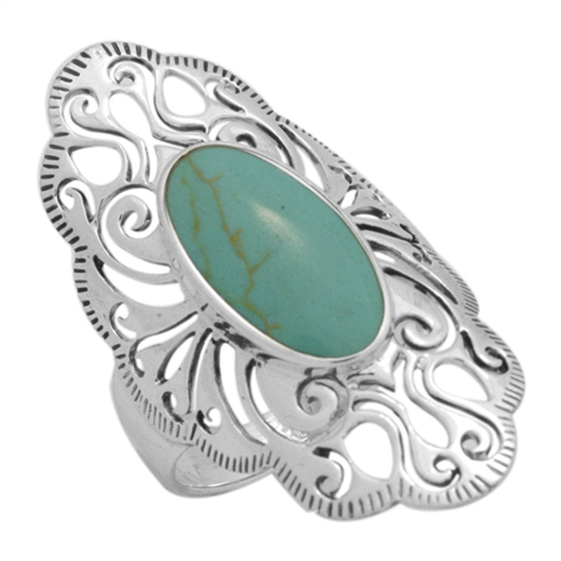 Ring Filigree Oval Simulated Green Turquoise CZ 925 Sterling Silver