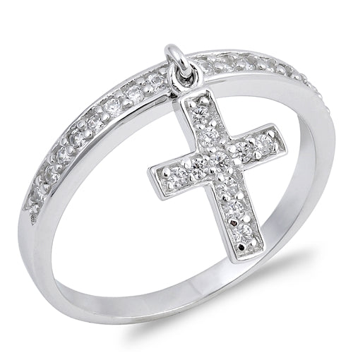 Dangling Cross Round Simulated Cubic Zirconia Wedding Ring 925 Sterling Silver
