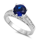 Solitaire Accent Engagement Ring Round Simulated Blue Sapphire Cubic Zirconia 925 Sterling Silver