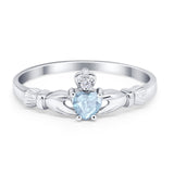 Claddagh Heart Promise Ring Simulated Aquamarine CZ 925 Sterling Silver