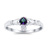Claddagh Heart Promise Ring Simulated Rainbow CZ 925 Sterling Silver
