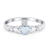 Claddagh Heart Promise Ring Lab Created White Opal 925 Sterling Silver