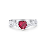 Accent Wedding Ring Heart Shape Simulated Ruby CZ Round 925 Sterling Silver