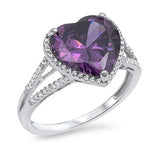 Halo Heart Ring Split Shank Simulated Amethyst CZ 925 Sterling Silver