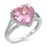 Halo Heart Ring Split Shank Simulated Pink CZ 925 Sterling Silver