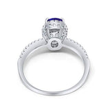 Halo Fashion Ring Oval Simulated Blue Sapphire CZ Accent 925 Sterling Silver
