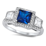 Halo Princess Cut Simulated Blue Sapphire CZ Engagement Ring 925 Sterling Silver