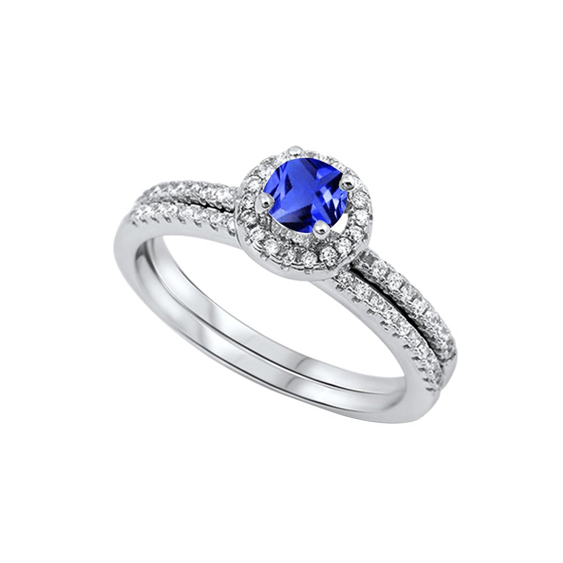 Accent Dazzling Round Simulated Blue Sapphire CZ Wedding Ring 925 Sterling Silver