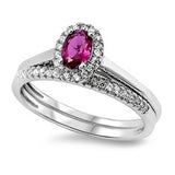 Halo Engagement Band Ring Oval Simulated Ruby CZ 925 Sterling Silver