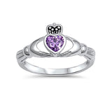 Irish Claddagh Heart Promise Ring Simulated Amethyst CZ 925 Sterling Silver