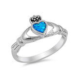 Irish Claddagh Heart Promise Ring Lab Created Blue Opal 925 Sterling Silver