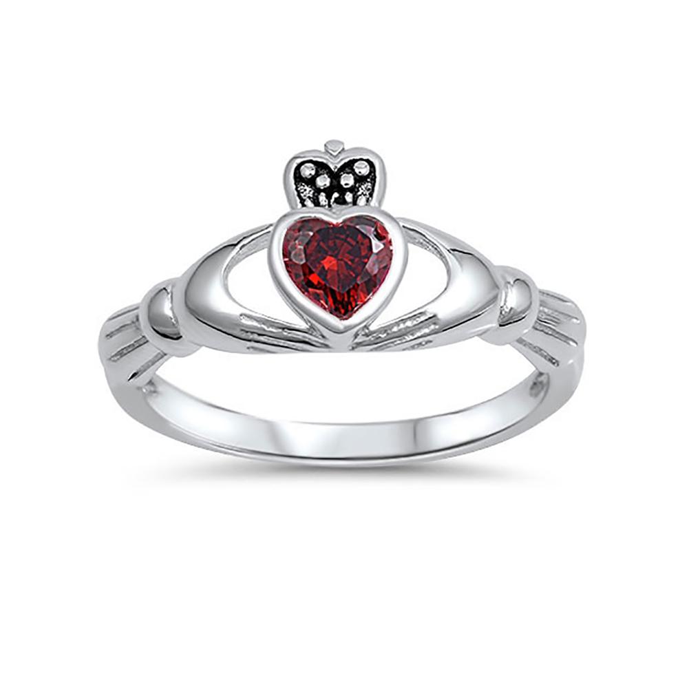 Irish Claddagh Heart Promise Ring Simulated Garnet CZ 925 Sterling Silver