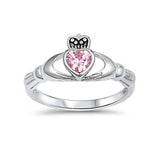 Irish Claddagh Heart Promise Ring Simulated Pink CZ 925 Sterling Silver