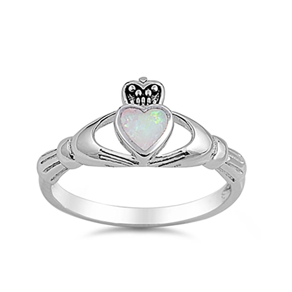 Irish Claddagh Heart Promise Ring Lab Created White Opal 925 Sterling Silver