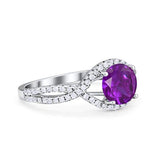 Halo Twisted Engagement Ring Simulated Amethyst CZ 925 Sterling Silver
