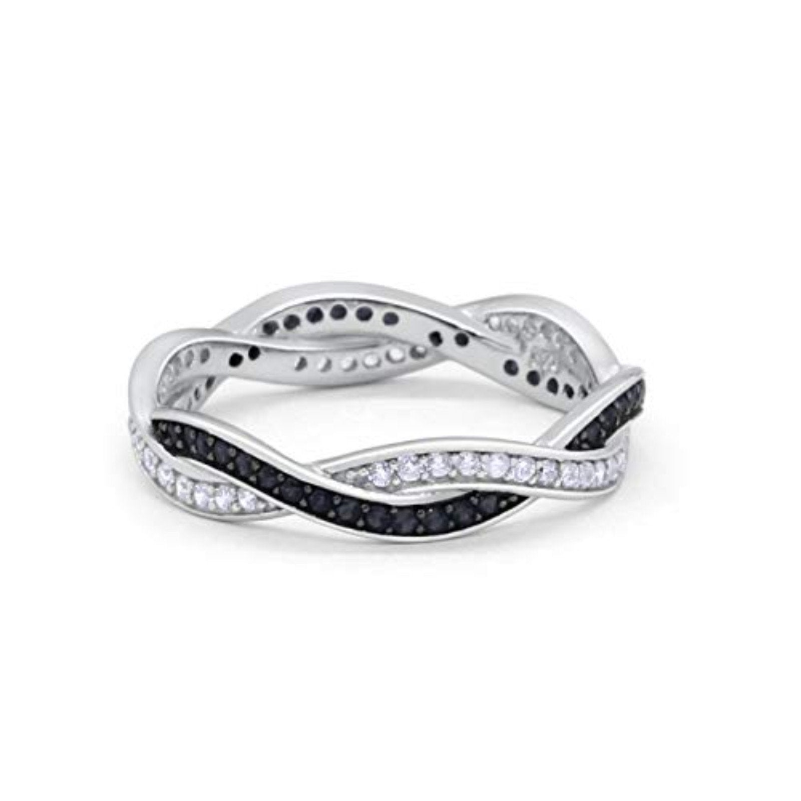 Crisscross Braided Weave Design Band Ring Round Eternity Simulated Black CZ 925 Sterling Silver