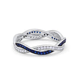 Crisscross Braided Weave Design Band Ring Round Eternity Simulated Blue Sapphire CZ 925 Sterling Silver