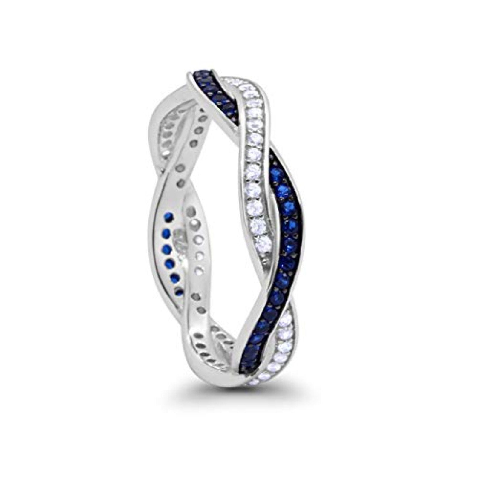 Crisscross Braided Weave Design Band Ring Round Eternity Simulated Blue Sapphire CZ 925 Sterling Silver