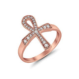 Cross Ankh Eternity Ring Rose Tone, Simulated Cubic Zirconia 925 Sterling Silver