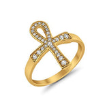 Cross Ankh Eternity Ring Yellow Tone, Simulated Cubic Zirconia 925 Sterling Silver