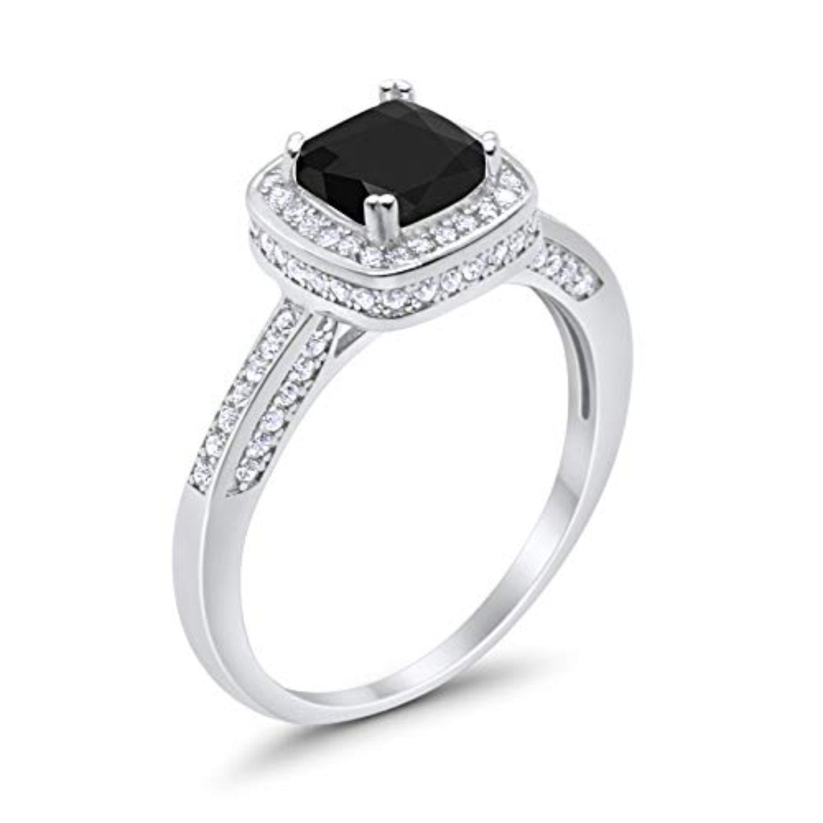 Vintage Style Engagement Ring Cushion Simulated Black CZ 925 Sterling Silver