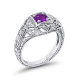 Antique Style Wedding Ring Round Simulated Amethyst CZ 925 Sterling Silver