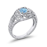 Antique Style Wedding Ring Round Simulated Aquamarine CZ 925 Sterling Silver