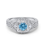 Antique Style Wedding Ring Round Simulated Aquamarine CZ 925 Sterling Silver