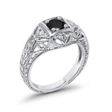 Antique Style Wedding Ring Round Simulated Black CZ 925 Sterling Silver