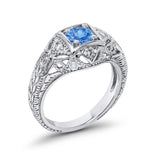 Antique Style Wedding Ring Round Simulated Blue Topaz CZ 925 Sterling Silver
