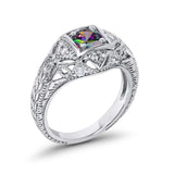 Antique Style Engagement Ring Simulated Rainbow Topaz CZ 925 Sterling Silver